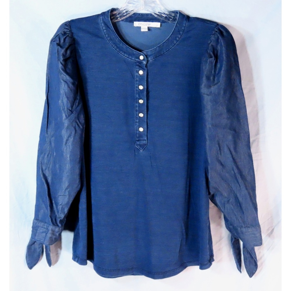 CHICO'S Dark Blue CHAMBRAY & KNIT TOP Tie Puff Sleeves TENCEL Pearl Snaps 1/M